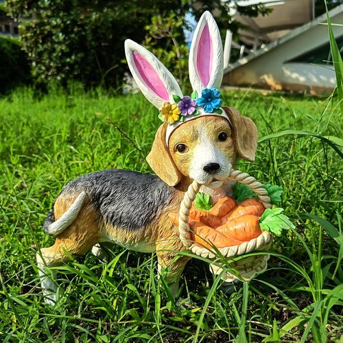 Cynkeyee Dog Garden Statue - Adorable Beagle Puppy with Bunny Ears & Carrot Basket | 11.5x4x10.5 Inch Indoor/Outdoor Decor