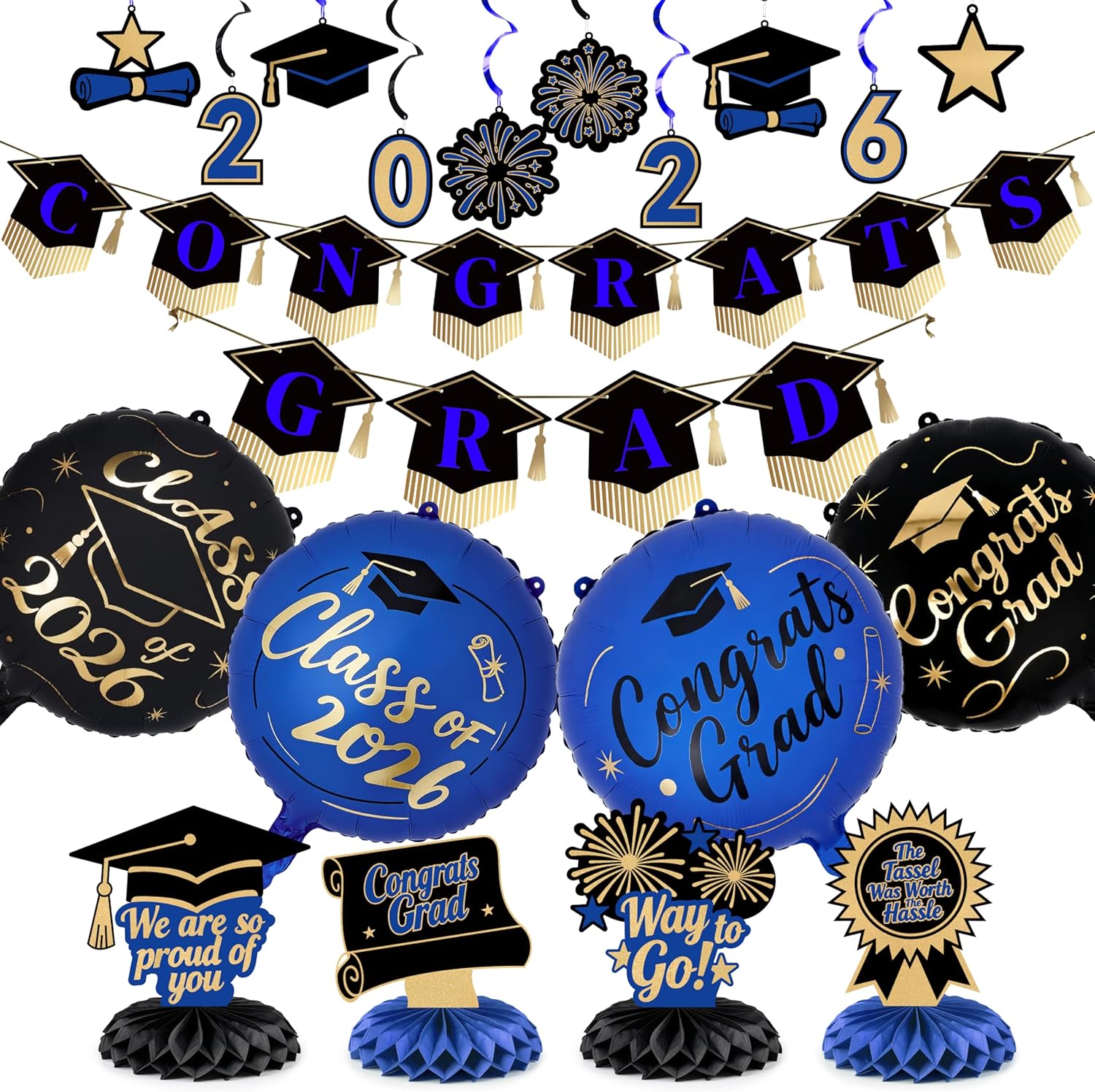PartyWoo Graduation Decorations - Class of 2026 Black, Gold & Blue 19-Piece Set with Congrats Banner & Balloons