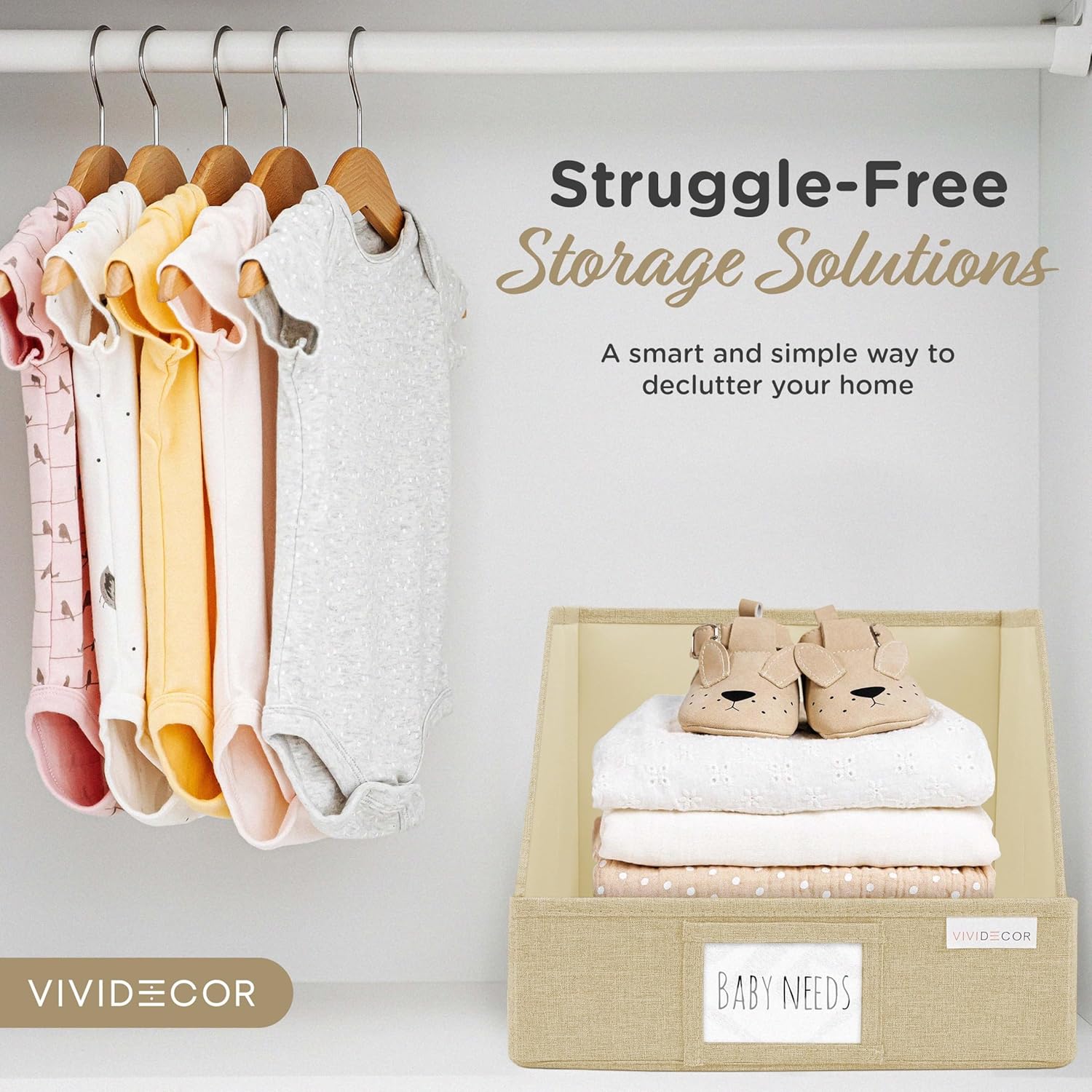 VIVIDECOR Trapezoid Storage Bins - 3-Pack Foldable Fabric Closet Organizers | Beige Cube Baskets for Clothes