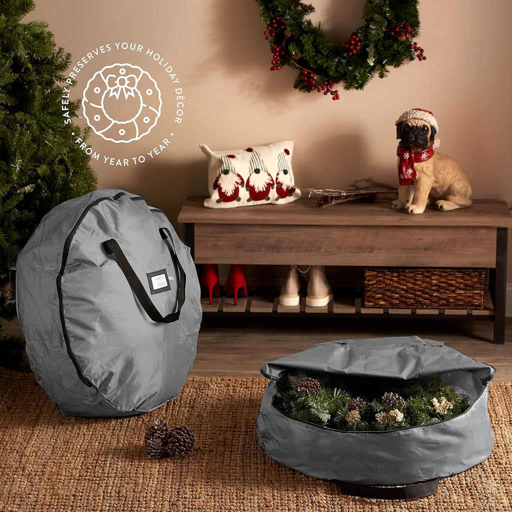 ZOBER Oxford Christmas Wreath Storage Container - 30 Inch Waterproof Bag with Dual Zippers & Durable Handles - Gray
