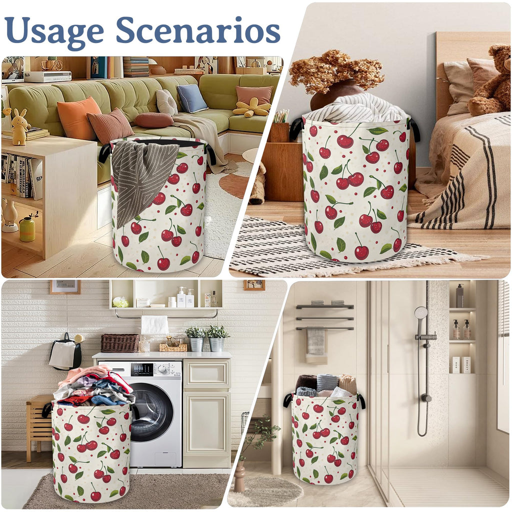 Cute Cherry Laundry Basket,Foldable Oxford Cloth Laundry Hamper With Handle, 20.8"x16" Portable Clothes Storage Basket Bag for Laundry Room/Bathroom/Bedroom/Dormitories