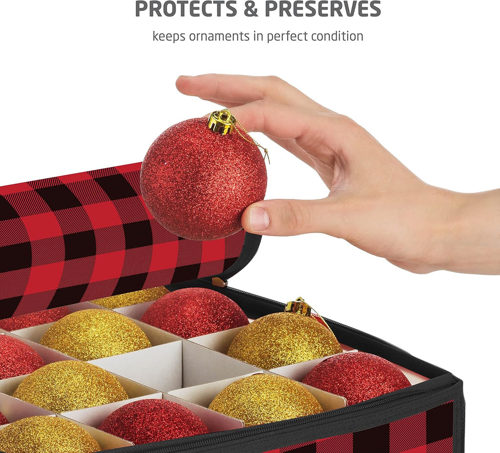 ZOBER Christmas Ornament Storage Box - Durable Plastic Organizer for 128 Ornaments | Plaid Design