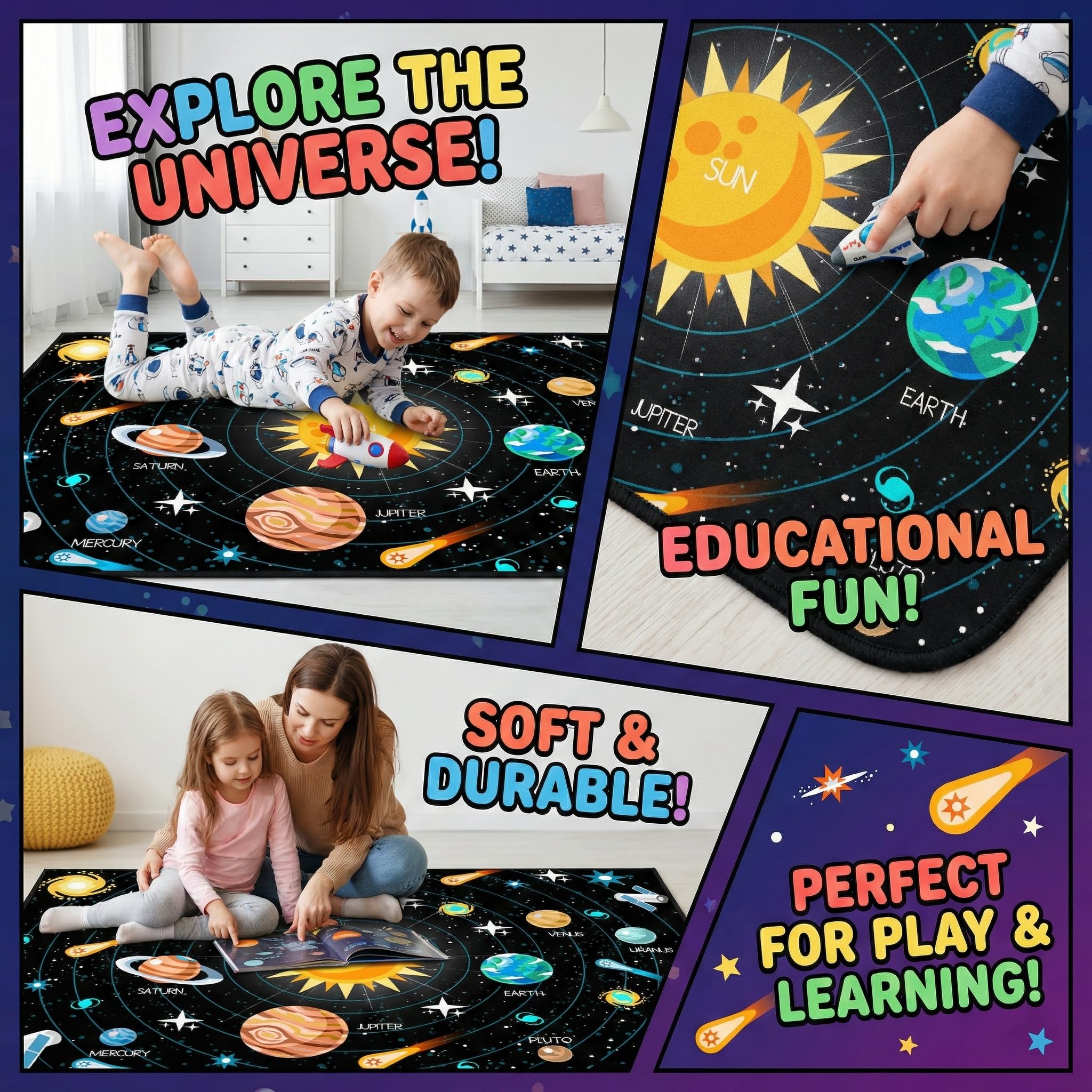 Outer Space Rugs Small Size Universe Solar System Planet Theme Carpets Kids Rugs for Playroom Educational Learning Area Rug for Living Room Bedroom Indoor Crystal Polyester Floor Sofa Mats, 2'×3'
