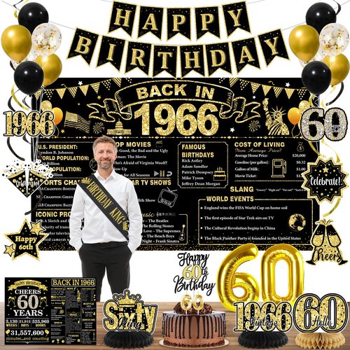60th Birthday Decorations for Men, Black Gold Back in 1966 Party Supplies with Banner, Backdrop, Sash, Balloons, Cake Topper, Honeycomb Centerpieces, Happy 60th Birthday Decorations Kit