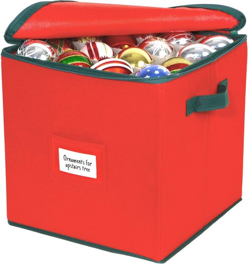 HOLDN’ STORAGE Christmas Ornament Storage Box - Adjustable Compartment for 64 Ornaments | Red 3” x 3”