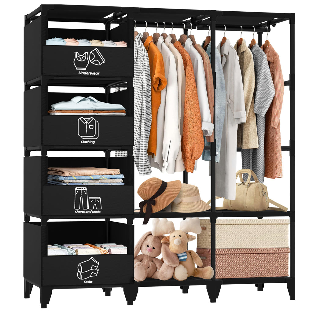 Jofuler Portable Closet, Easy Assembly, Large Capacity Wardrobe Closet, Sturdy and Stable Clothes Rack with Shelves 4 Storage Baskets and 2 Hanging Rods, for Bedroom and Cloakroom Black