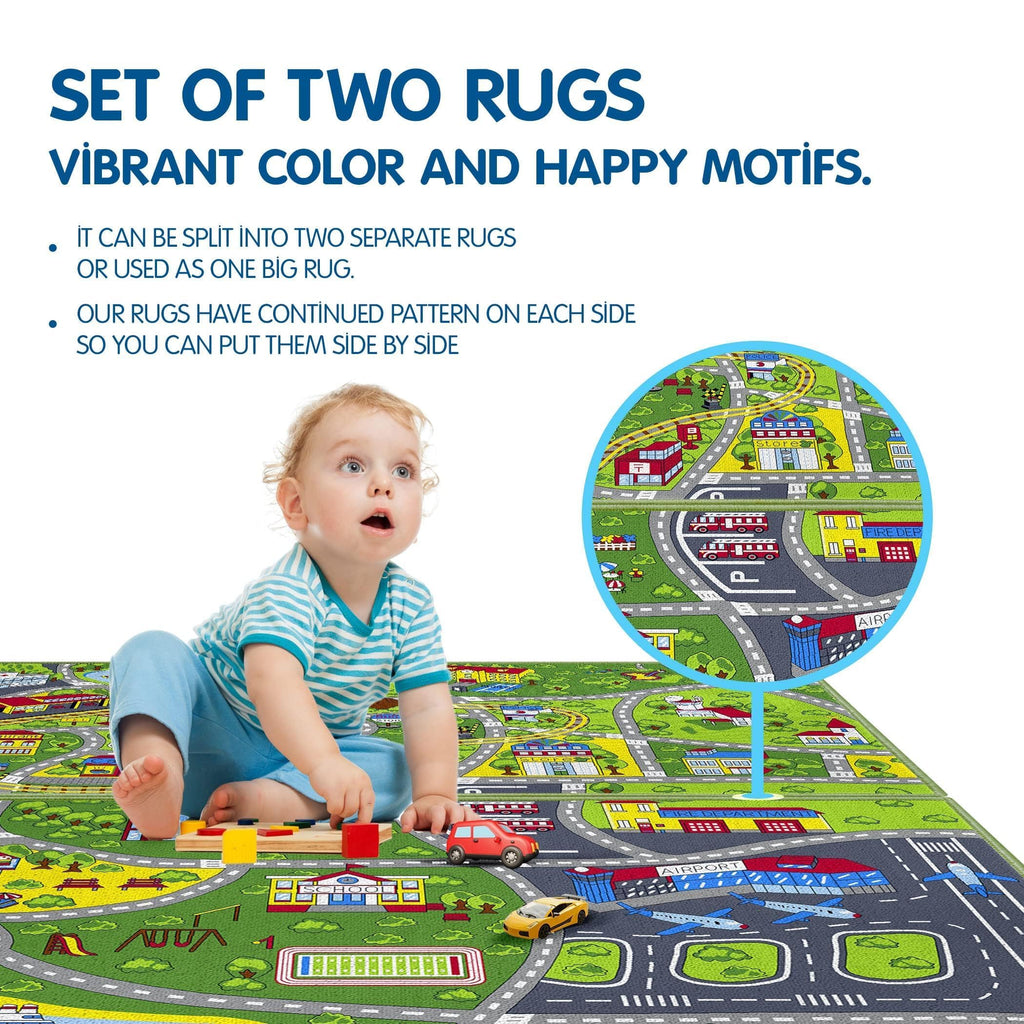 Booooom Jackson 2 Pack Car Rug,Non Slip Train Track Car Mat,Durable Road Play Area Kids Rug,Vibrant Kids Carpet for Playroom,Bedroom,Easy Store and Clean