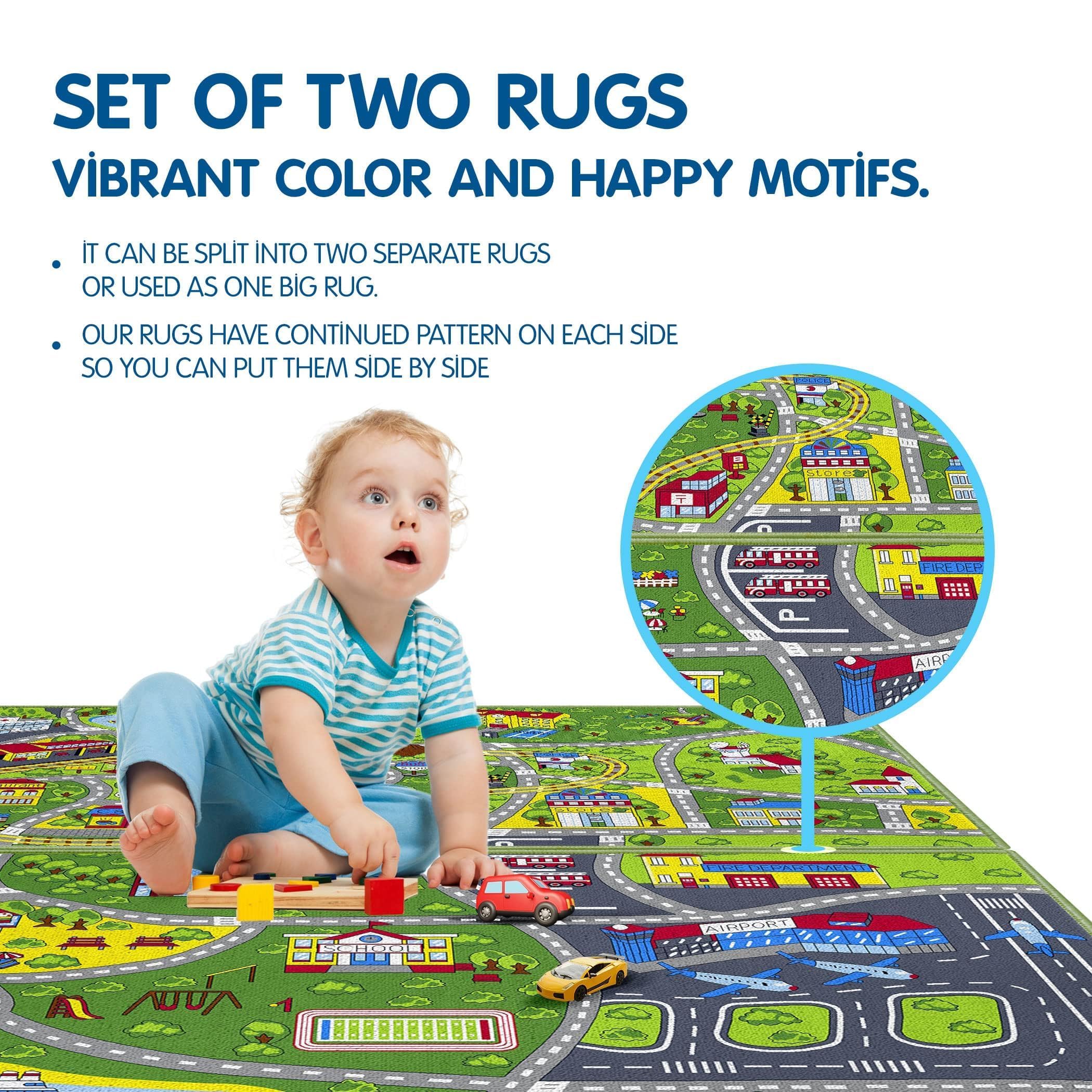 Booooom Jackson 2 Pack Car Rug,Non Slip Train Track Car Mat,Durable Road Play Area Kids Rug,Vibrant Kids Carpet for Playroom,Bedroom,Easy Store and Clean