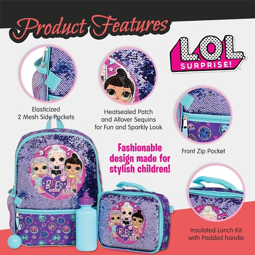 L.O.L. Surprise! Girl’s 4 Piece Backpack Set, Flip Sequin 16" School Bag with Front Zip Pocket, Purple and Teal
