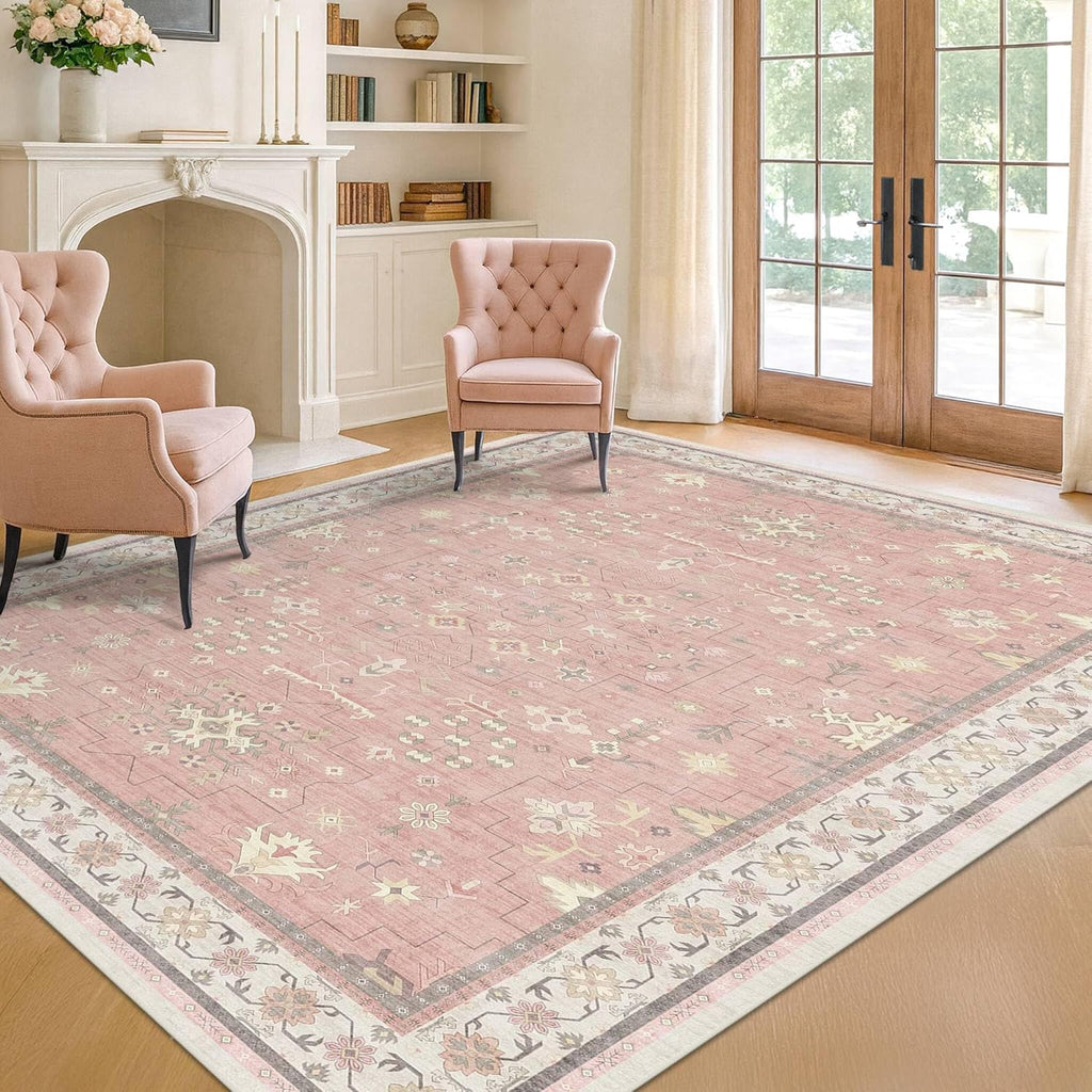 Skiennix Blush Pink Girls Rug - Floral Nursery Area Rug 5x7, Machine Washable Non-Slip Play Mat