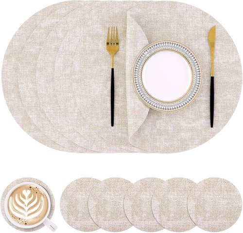 Homaxy Round Faux Leather Placemats - Washable Dual-Sided Table Mats Set of 6 | 13" & 3.93" Beige