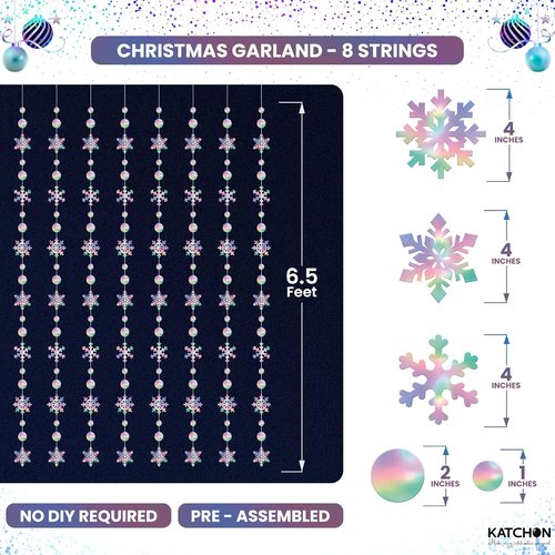 KatchOn 6.5 FT Snowflake Garland Decorations - Iridescent Hanging Christmas Decor | Perfect for Winter Parties