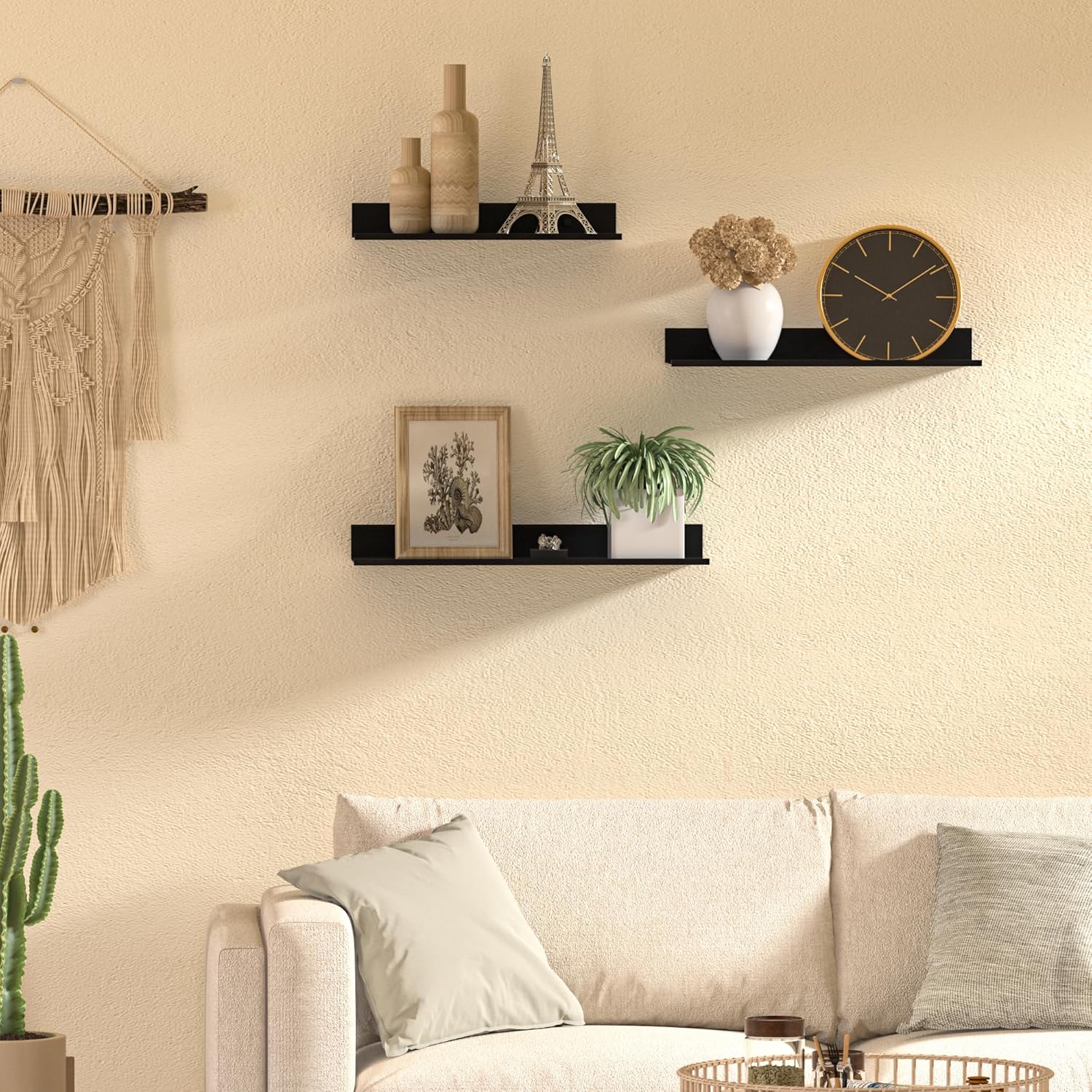 Wisfame Floating Wall Shelves - Set of 3 Black Metal Shelves for Bathroom, Living Room, Office | 11.8/13.8/15.7 in