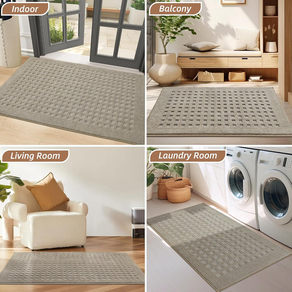 BEQHAUSE Indoor Door Mat - Non-Slip, Absorbent Washable Rug | 20"x32" Low Profile Waffle Design in Beige