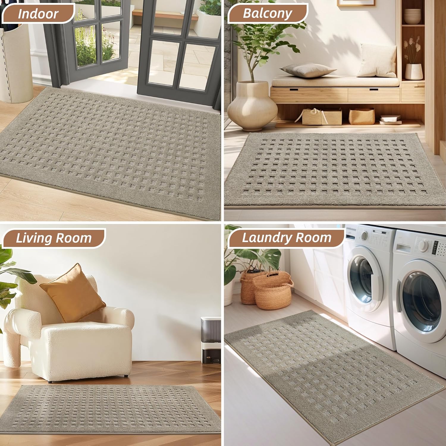 BEQHAUSE Indoor Door Mat - Non-Slip, Absorbent Washable Rug | 20"x32" Low Profile Waffle Design in Beige