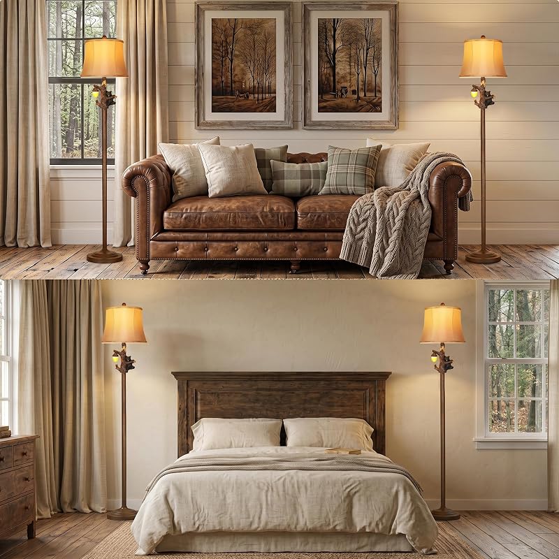 63-Inch Rustic Floor Lamp with Bear Nightlight for Bedroom & Living Room