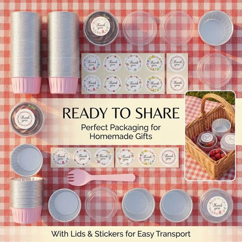 100 PCS Aluminium Foil Baking Cups, Mini Cake Pans with Lids and 100 PCS Spoons, 5 oz Disposable Baking Cups Foil Ramekins For Party Birthday Wedding Valentines (Pink)