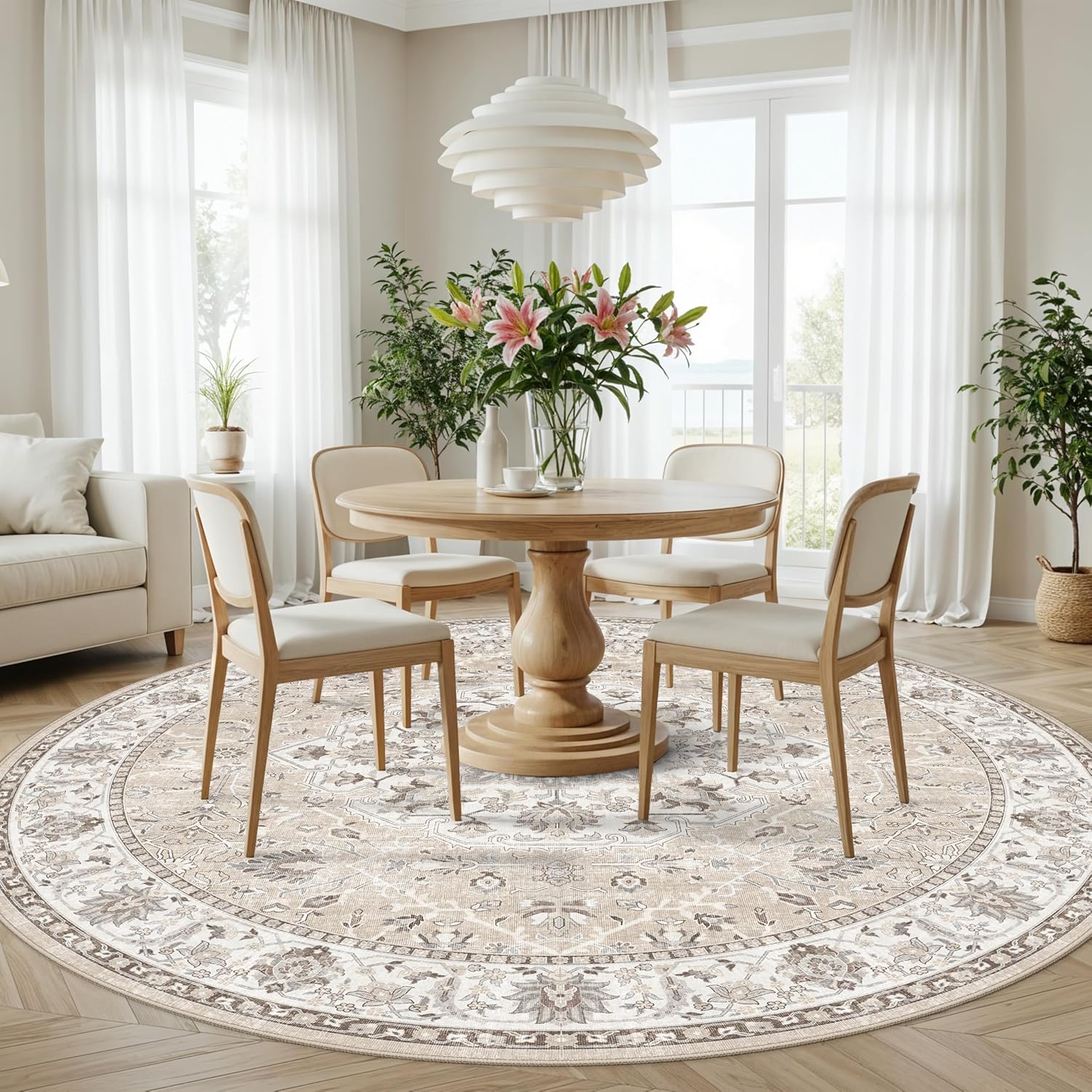 Skiennix Washable 8ft Round Area Rug - Soft, Non-Slip, Stain-Resistant Carpet for Living Room & Bedroom | Beige