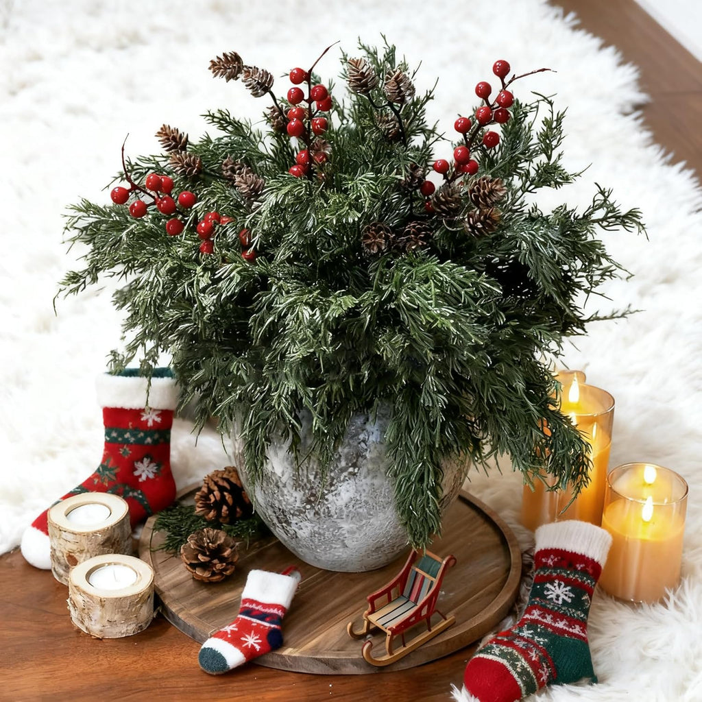 Norfolk Pine Faux Cedar Stems - Realistic Artificial Greenery for Christmas Decor | 1 Set with Berries & Pinecones