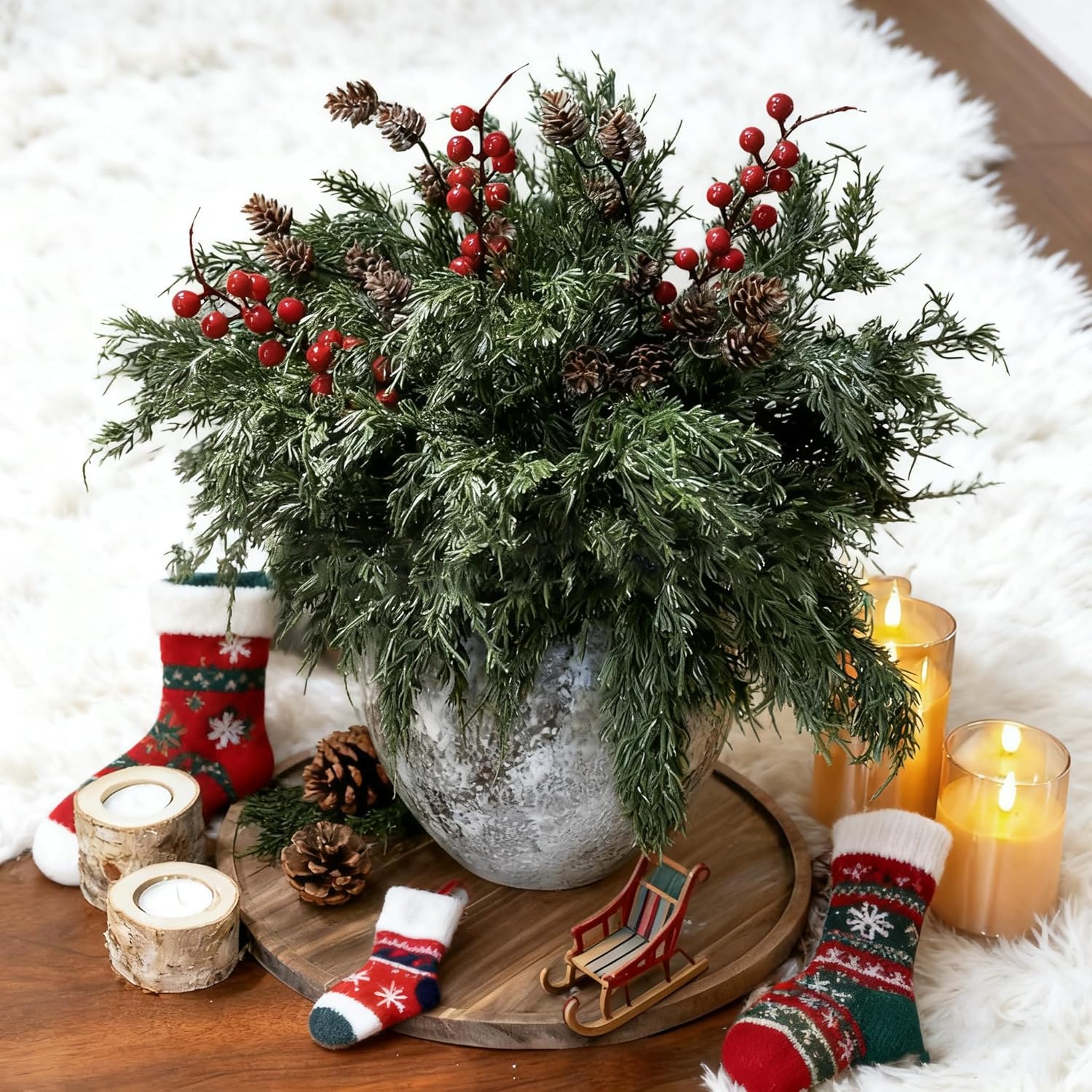 Norfolk Pine Faux Cedar Stems - Realistic Artificial Greenery for Christmas Decor | 1 Set with Berries & Pinecones