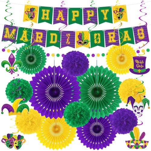 Heartome 25PCS Mardi Gras Decorations, Mardi Gras Party Favors Decor Kit with Paper POMPOM, Happy Carnival Paper Fans Banner Felt Garland, Crown Hanging Swirls for Carnival Party Parade Accessories