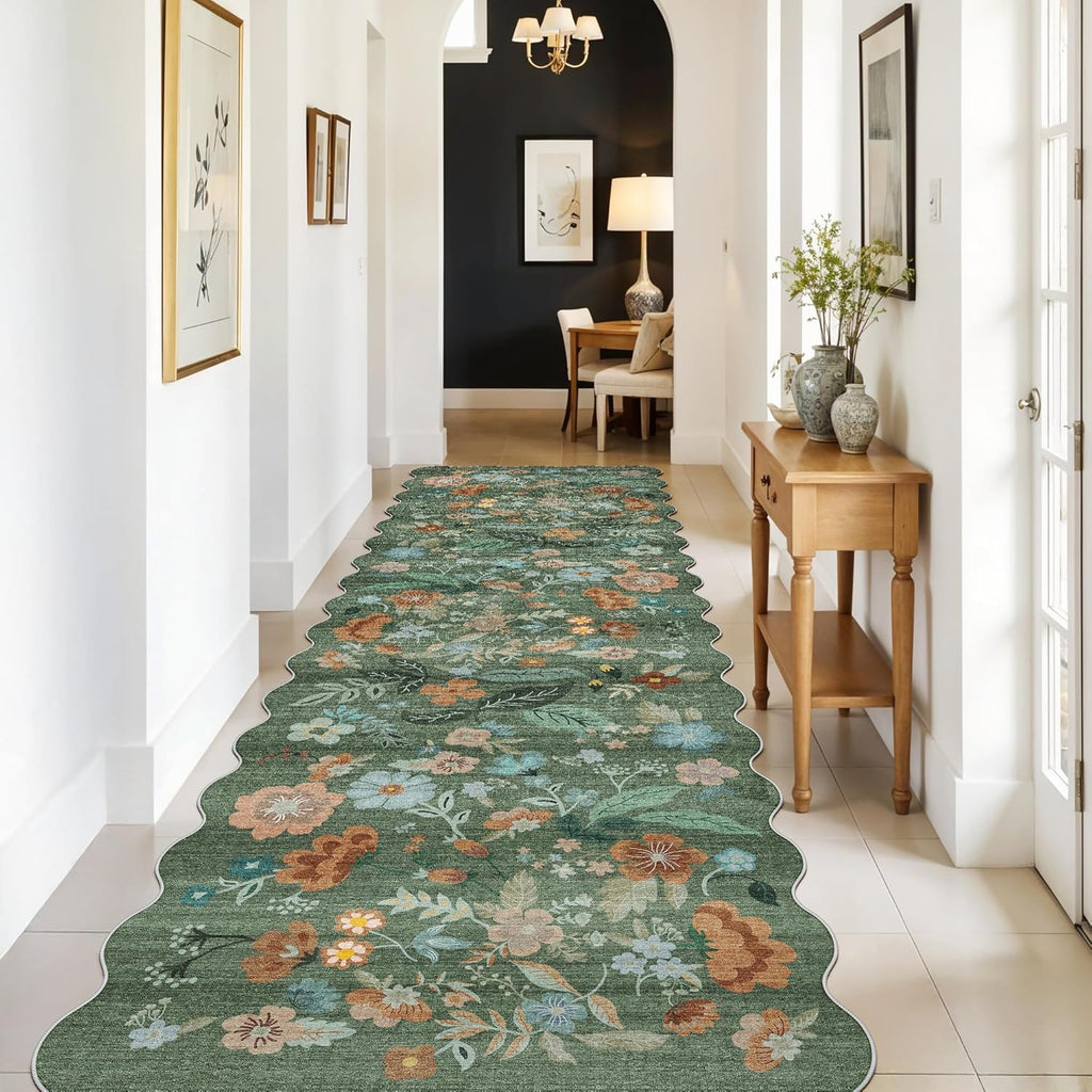 Skiennix Washable Hallway Runner Rug - Floral Scalloped Design | Non-Slip, Water-Resistant, Lightweight (3x10 Green)