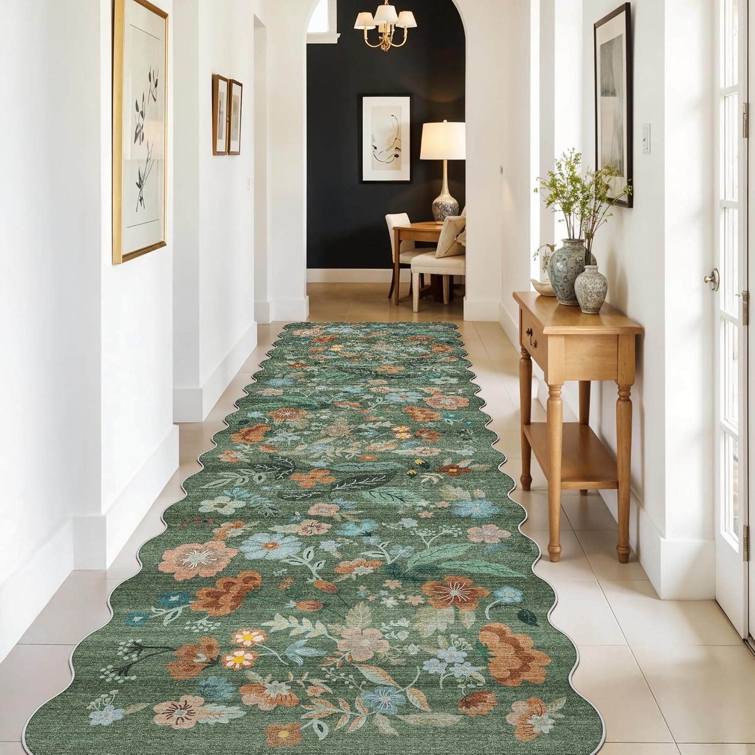 Skiennix Washable Hallway Runner Rug - Floral Scalloped Design | Non-Slip, Water-Resistant, Lightweight (3x10 Green)