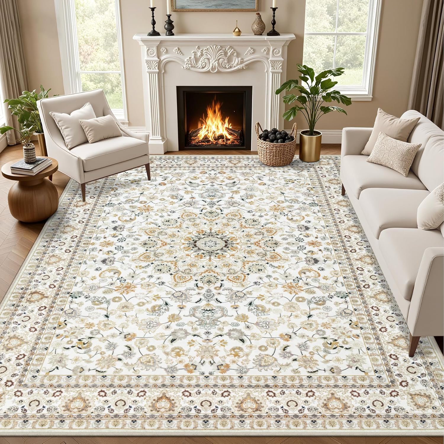 Skiennix 5x7 Area Rug - Washable Vintage Boho Design | Soft, Stain-Resistant Carpet for Living Room, Bedroom, and Office - Beige