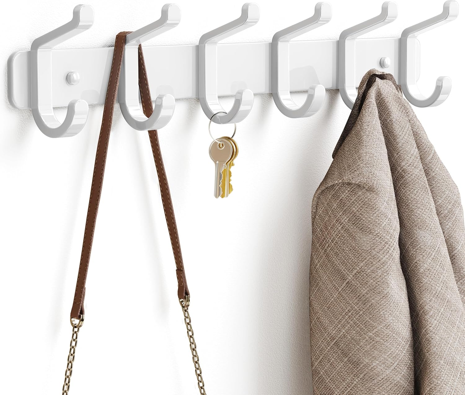 Pickpiff Coat Rack - Heavy-Duty Wall Mounted Metal Hanger with 6 Hooks for Hats, Clothes & More | White, 2 Pack