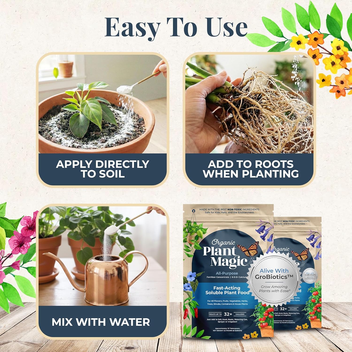 Organic Plant Magic - Fast-Acting Water Soluble Fertilizer - All-Purpose Plant Food for Indoor & Outdoor Use | 1/2 lb Bag