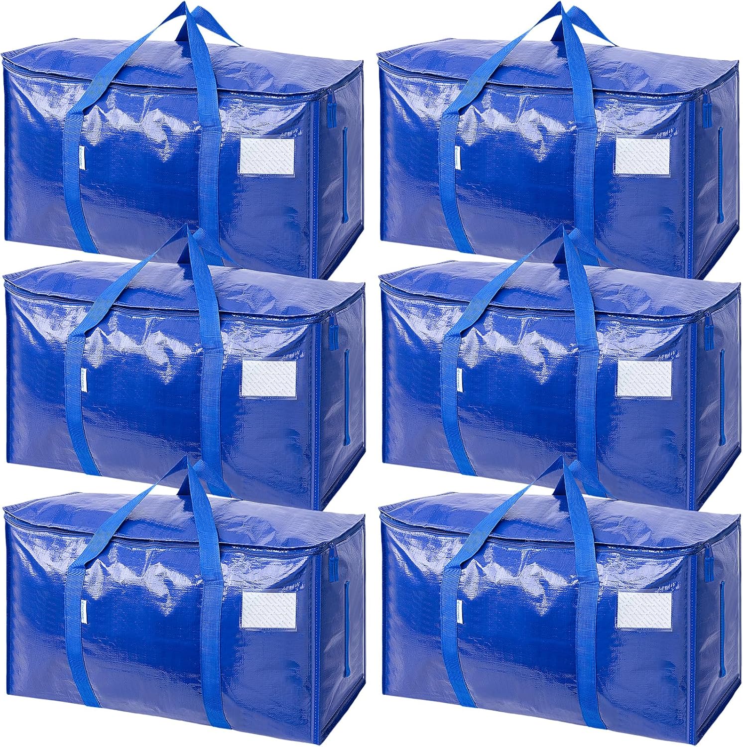 TICONN Extra Large Heavy-Duty Moving Bags - Durable Storage with Zippers & Handles | 6 Pack, Blue