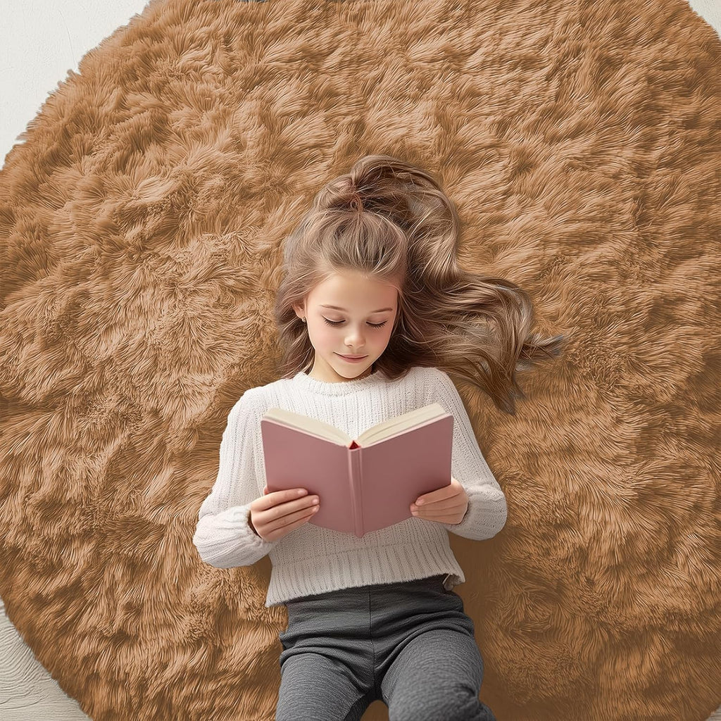OLANLY Round Khaki Area Rug - Soft, Fluffy, Machine Washable 5 ft Circle Carpet for Bedroom & Living Room