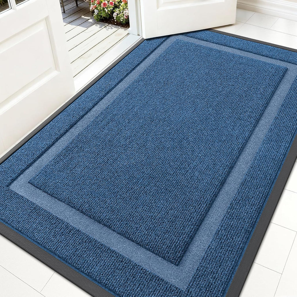 OLANLY Waterproof Front Door Mat - All-Season, Sturdy Natural Rubber, Easy Clean | 59x30, Light Blue