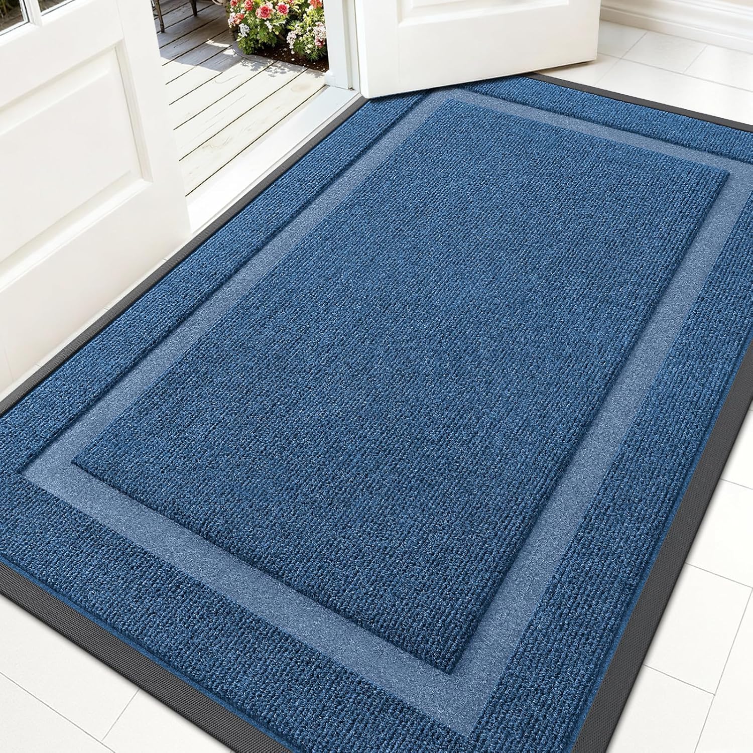 OLANLY Waterproof Front Door Mat - All-Season, Sturdy Natural Rubber, Easy Clean | 59x30, Light Blue
