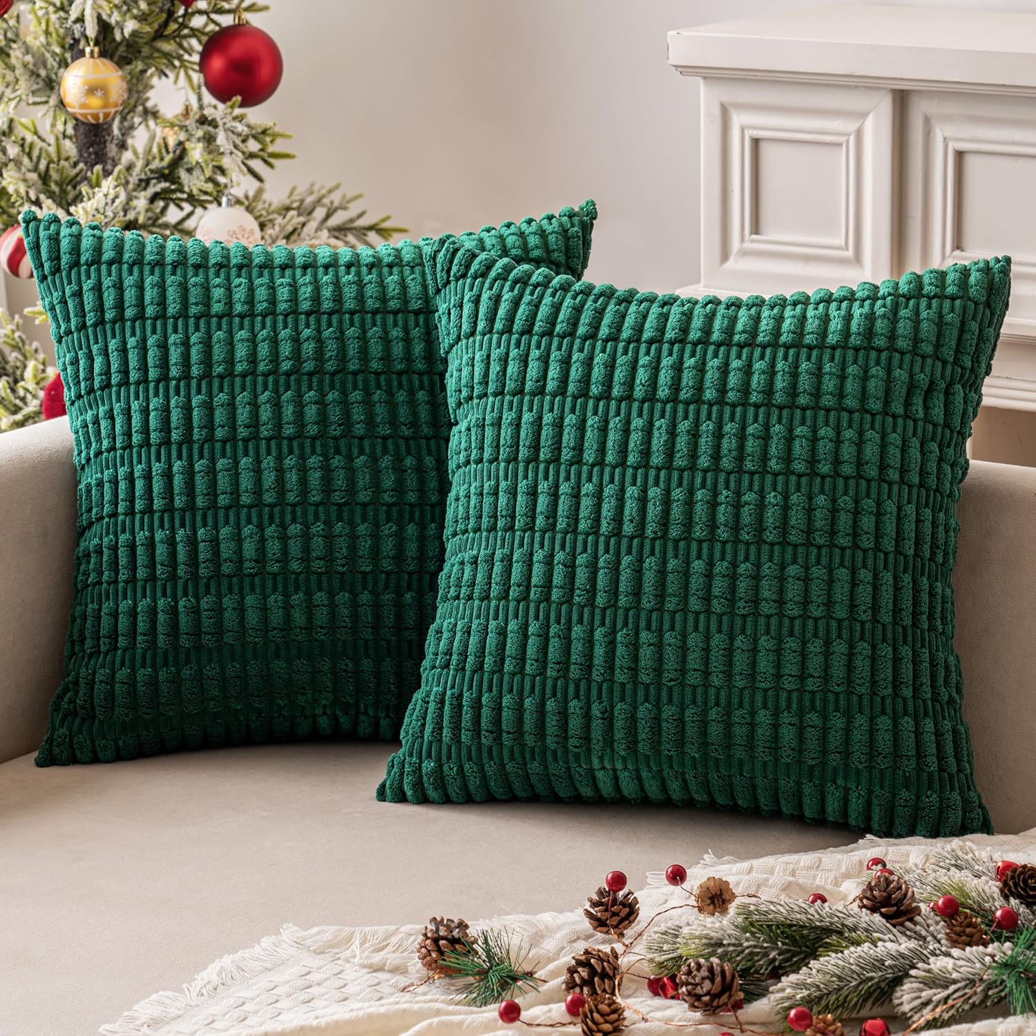MIULEE Dark Green Corduroy Decorative Pillow Covers - Soft Boho Striped 18x18 Inch | Modern Farmhouse Decor