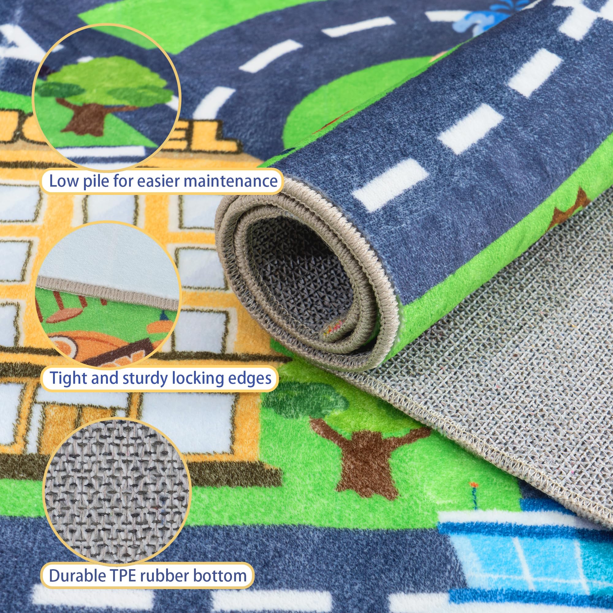 OHDS Kids Room Rug - Soft & Non-Slip 5x7 Ft Town Car Rug City Map Play Mat, Childrens Road Catpet Washable Rug for Classroom Nursery Bedroom Boys