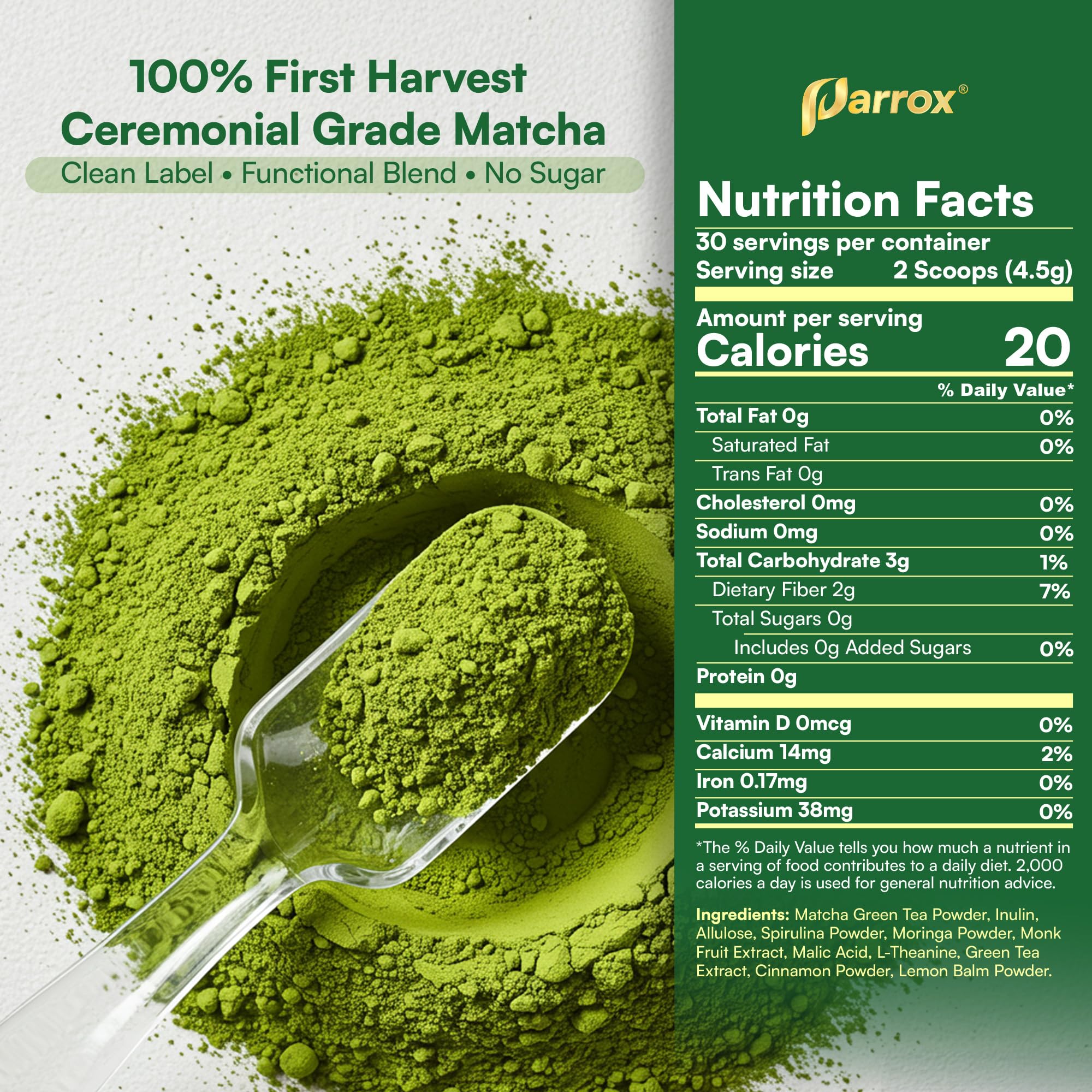 Ceremonial Grade Matcha Powder Infused with Moringa, Green Tea Extract, L-Theanine, Inulin, Spirulina, Ceylon Cinnamon, and Lemon Balm – 100% First Harvest Japanese Tea (30 Servings)