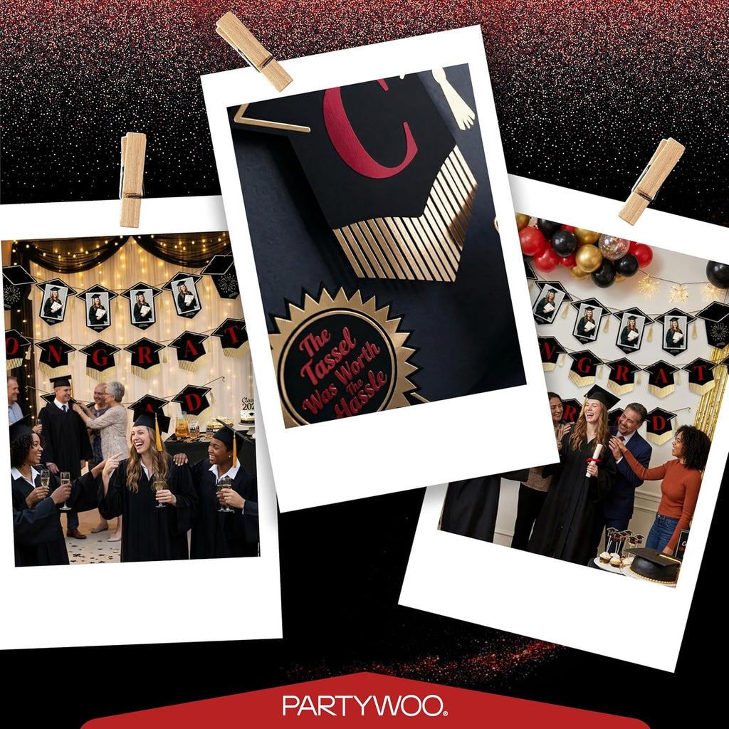 PartyWoo Graduation Banner - Class of 2026 Black and Red Decorations | 2-Piece Hanging Congrats Grad Set