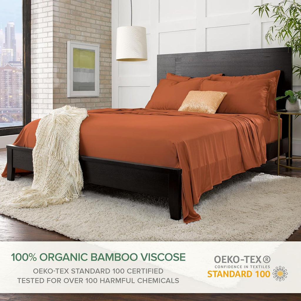 Pure Bamboo Full Bed Sheet Set - 100% Organic Viscose, Luxuriously Soft & Cooling | Terracotta Color, Double Stitching