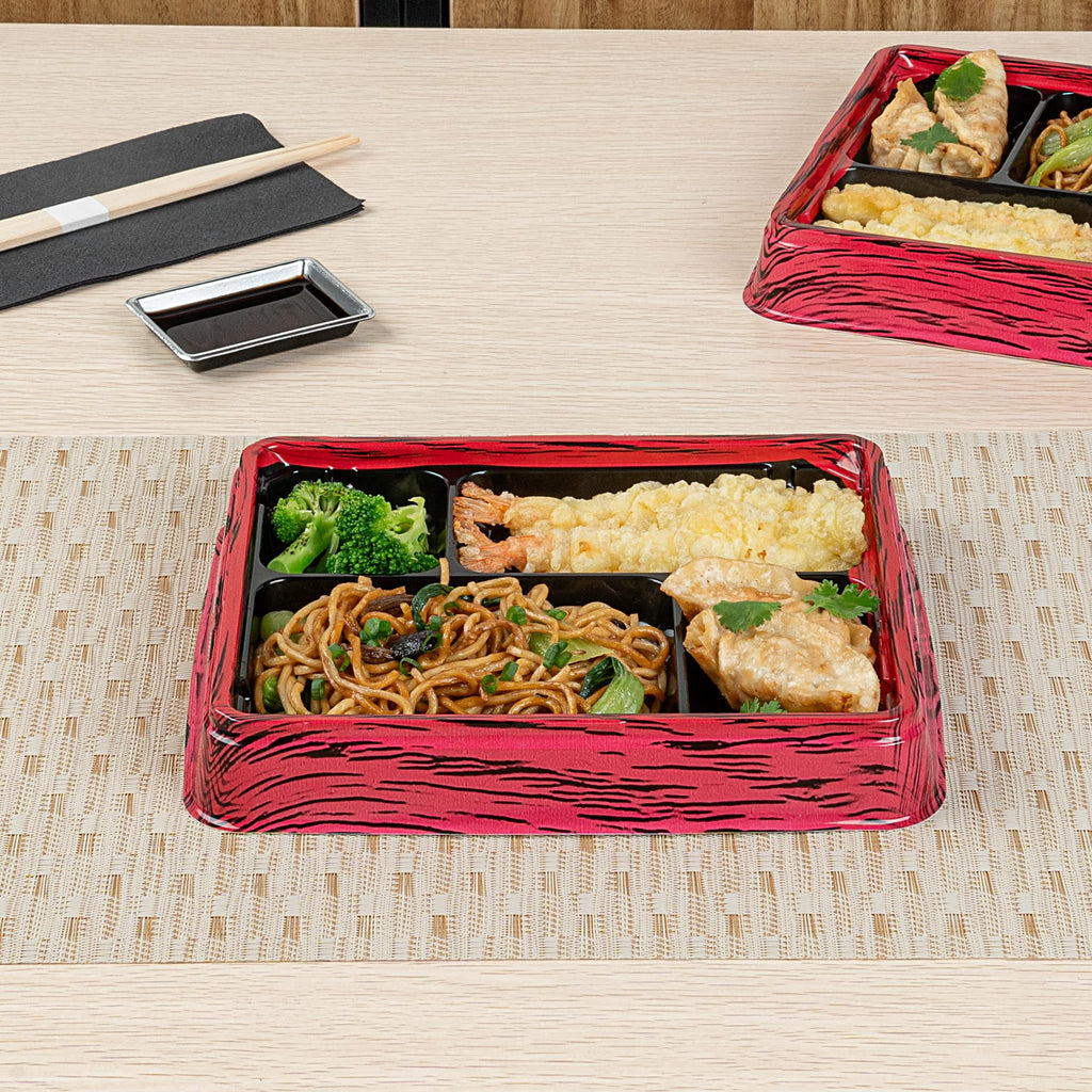 Restaurantware Bento Tek 15.2 Ounce Meal Prep Containers, 50 Disposable To Go Food Boxes - Lids Sold Separately, 4 Compartments, Red And Black Plastic Bento Lunch Boxes, Freezable, For Take Out