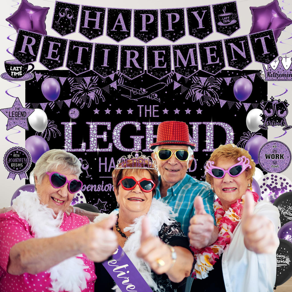 Roetyce Retirement Party Decorations Women, Black and Purple Happy Retirement Banner Backdrop Balloons Hanging Swirls for Coworker, Lengend Has Retired Sash & Crown, Office Retired Background