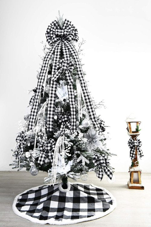 Christmas Checked Tree Topper - Large 48x13 Inch Black and White Plaid Decorative Bow