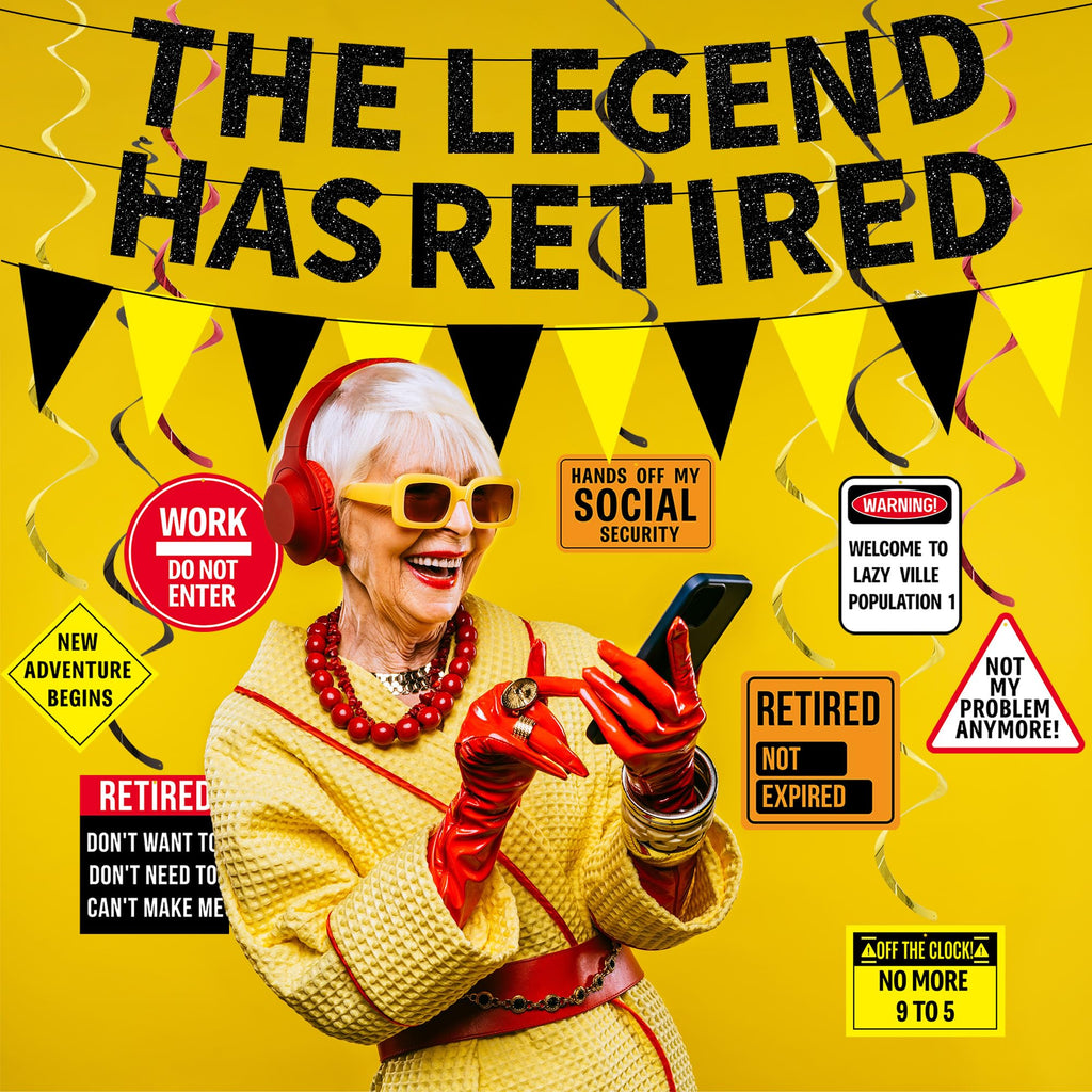 Roetyce Retirement Decorations Men Women, Caution Happy Retirement Banner Hanging Swirls Centerpieces Kit, Funny Legend Retired Party Supplies Backdrop for Coworker Family
