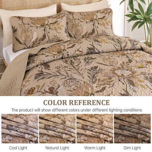 Dintszyayue King Size Quilts Brown, 3 Pieces Boho Floral Bedspread Bedding for King Size Bed, Soft Lightweight Microfiber Coverlet Set for All Season Quilt with 2 Pillowcases