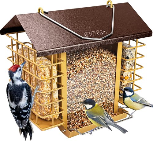iBorn Bird Feeders - Weatherproof Suet Feeder with Double Holders | 3.2 LB Capacity, Coffee Roof & Yellow Grid