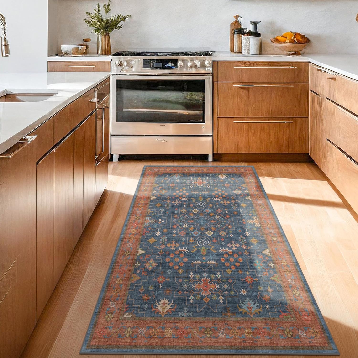 Skiennix Washable Kitchen Rugs - Stain Resistant Non-Slip Area Rug for Entryway | 3x6 Navy Blue Boho Décor