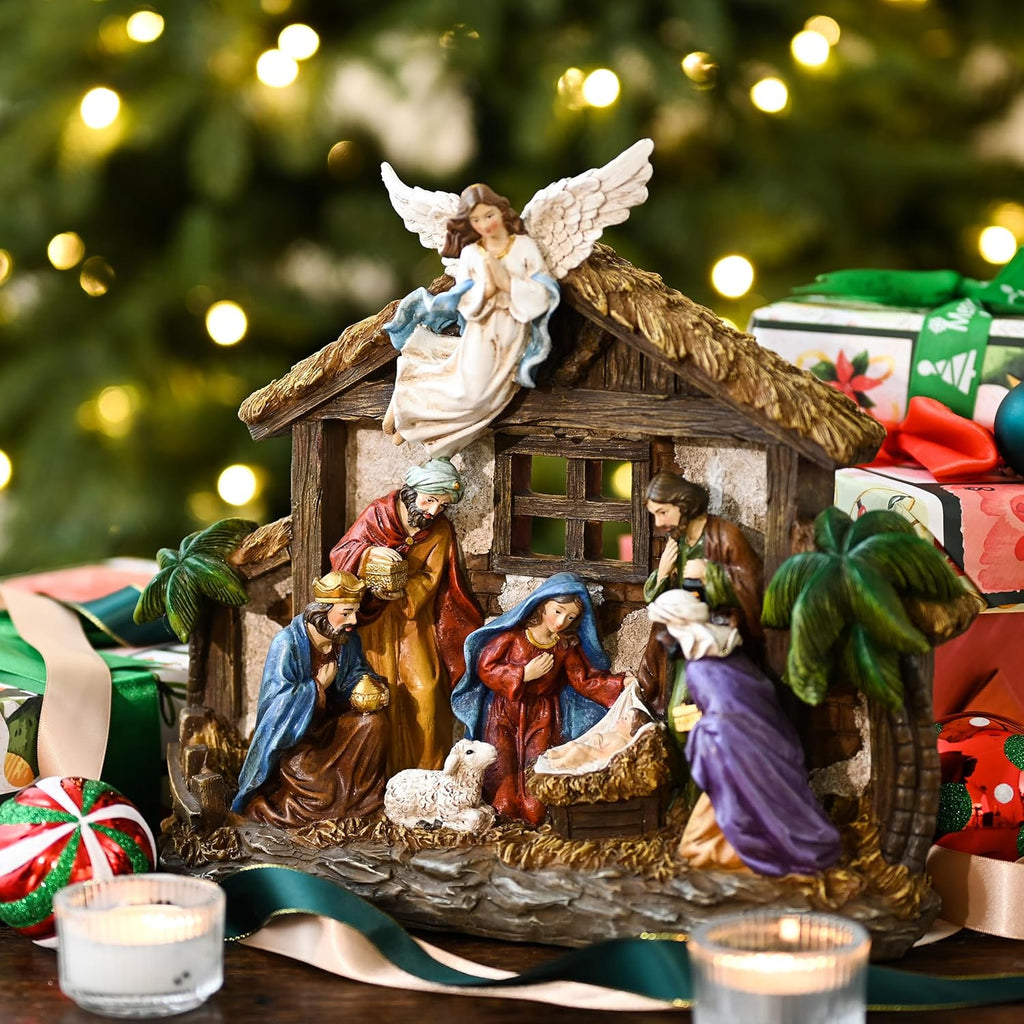 Valery Madelyn Christmas Nativity Figurines - LED Lights Holy Family Set | 10.6 Inch Resin Manger for Holiday Decor