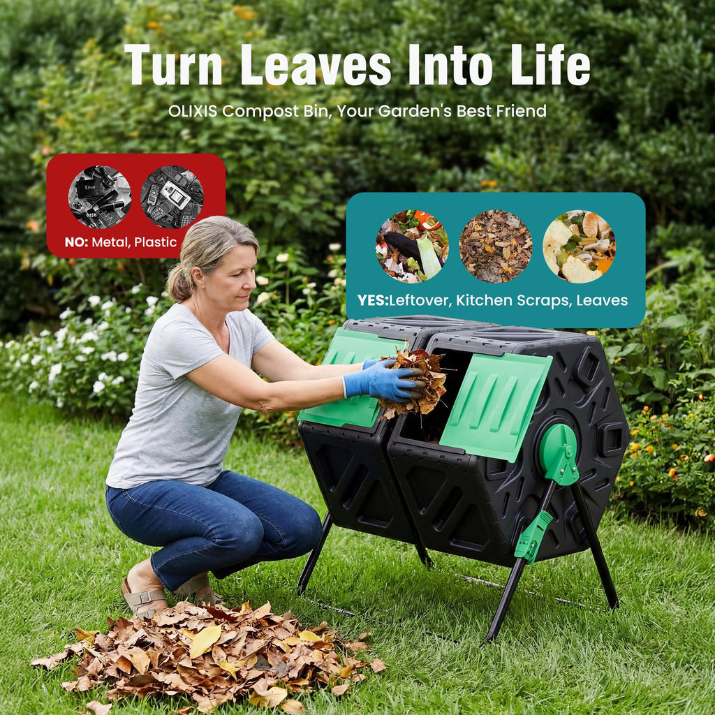 OLIXIS Compost Bin Outdoor 37 Gallon, Separated Dual Chamber Composter Tumbler Outdoor with Gloves, Efficient 360°Rotating Composting Bin for Patio, Lawn, Home Gardening and Landscape, Green