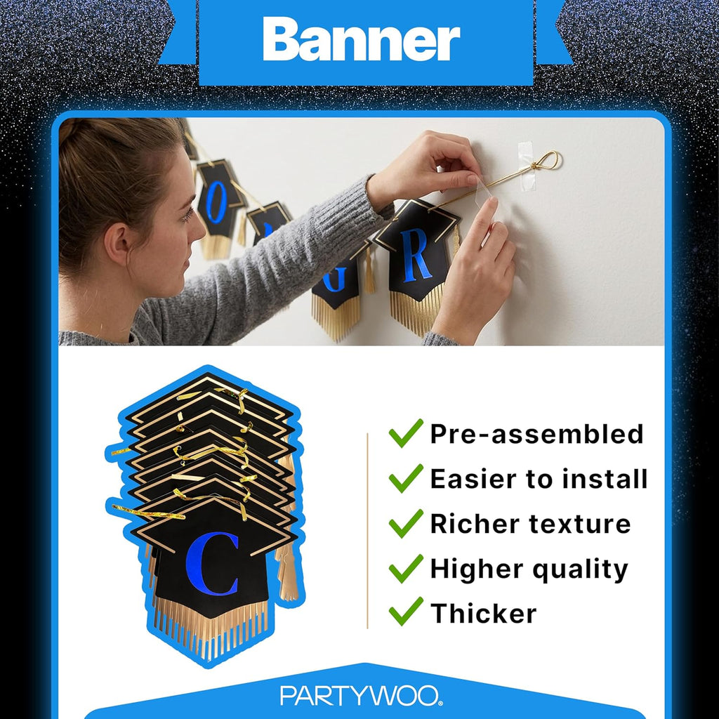 PartyWoo Graduation Decorations - Class of 2026 Black, Gold & Blue 19-Piece Set with Congrats Banner & Balloons