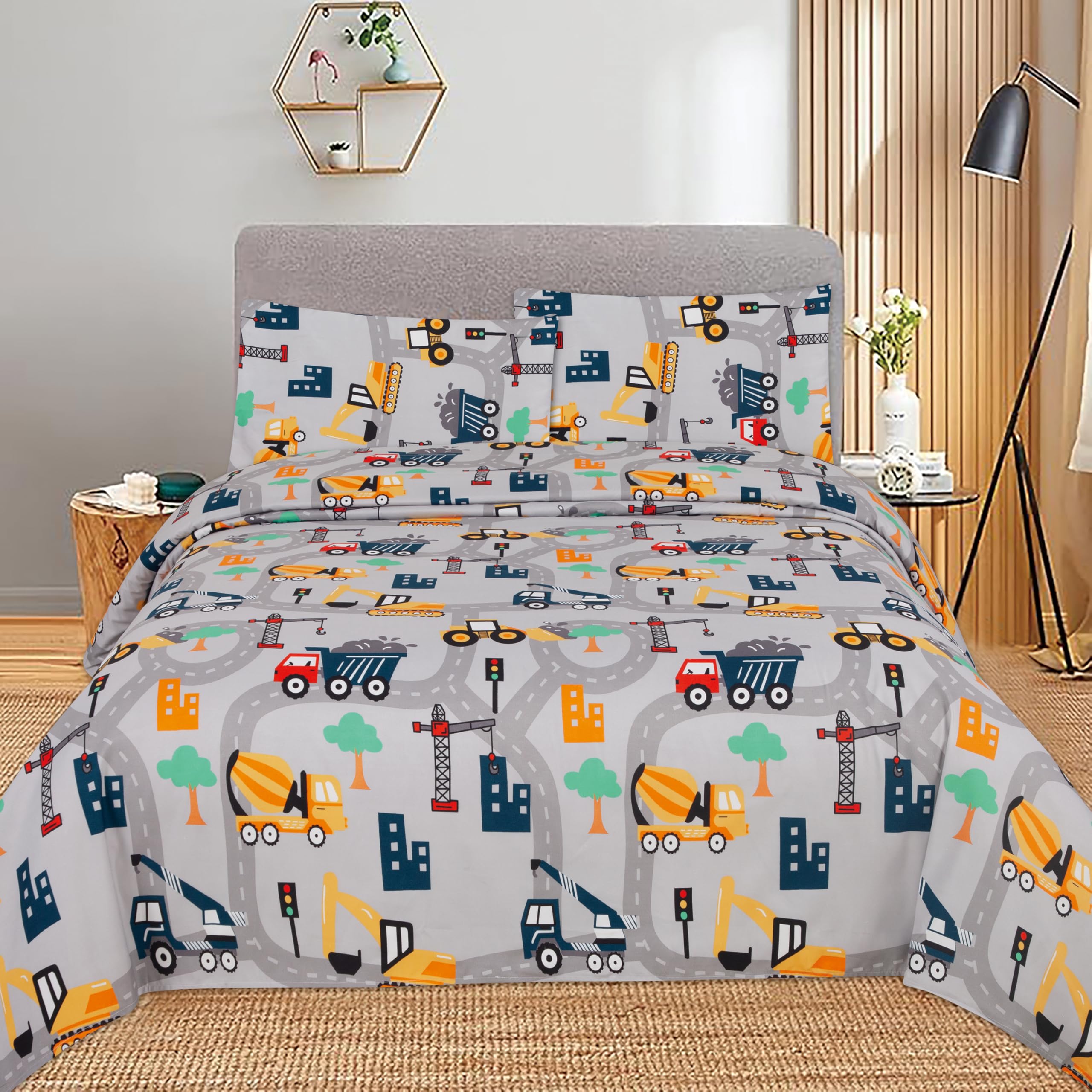 MK Collection Sheet Set Kids Teens Excavator Trucks Yellow Navy Blue Grey Red White Luxury Sheet Set New (Twin)